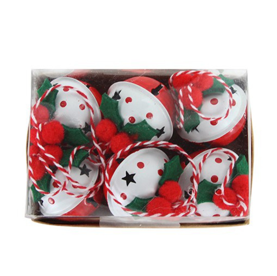 Tin Jingle Bell, Red and White with Felt Holly, Pack 6 image 0
